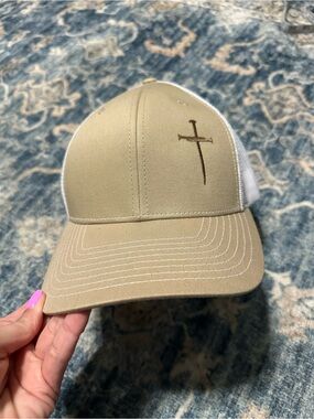 Tan Trucker Cap with Cross Embroidery - Men's Accessory